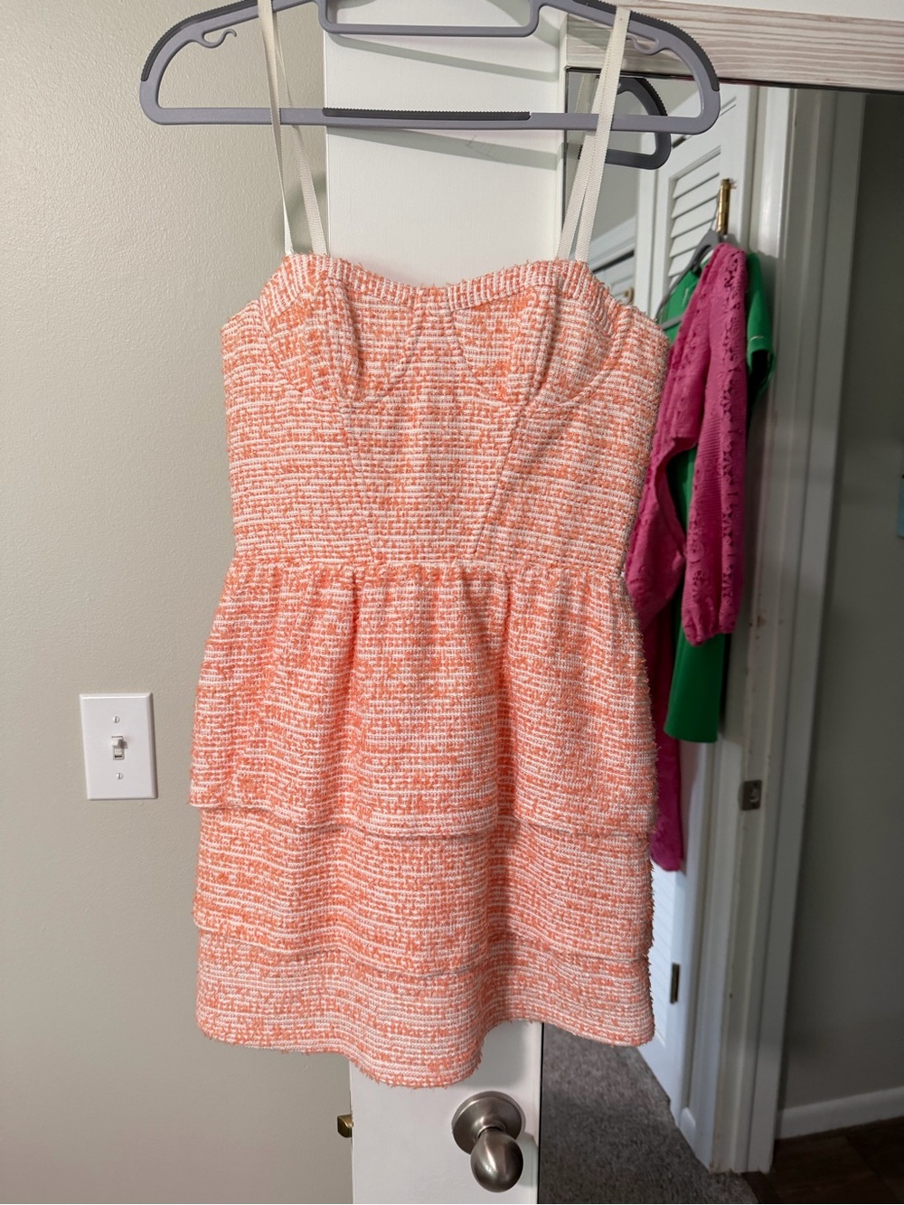 Alice + Olivia Peach Textured Strapless-Style Mini Dress with Cream Straps